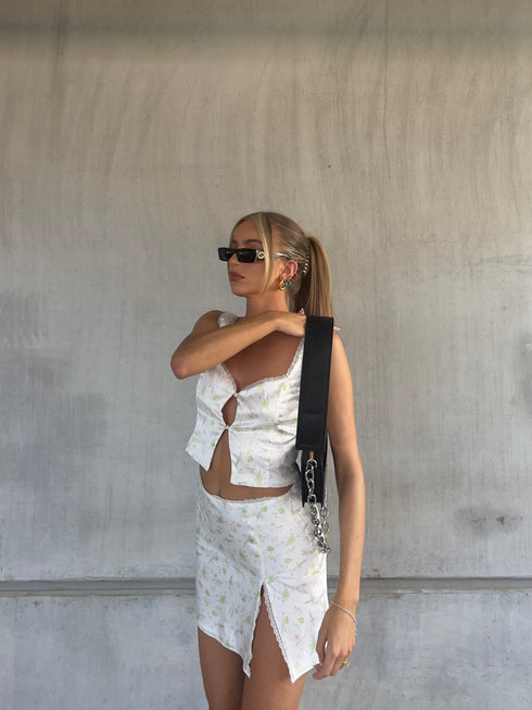 Cassidy Co-ord Wrap Mini-Skirt - Green-Pink Stem Floral